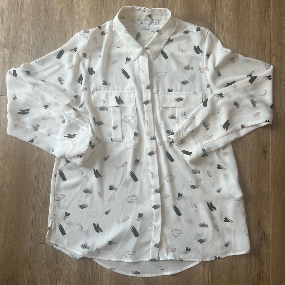 White Button-Up Shirt with Abstract Print